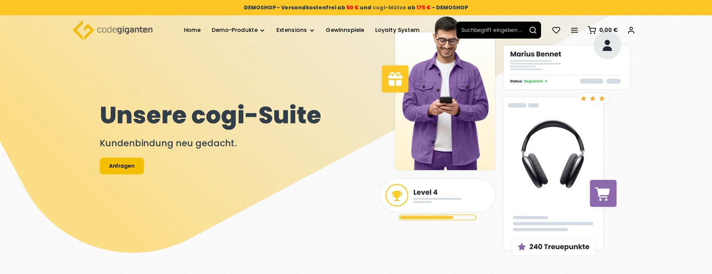 Startseite des Demo-Shops cogi-suite.de mit Treuepunkten, Kundenkonto und Produktkacheln