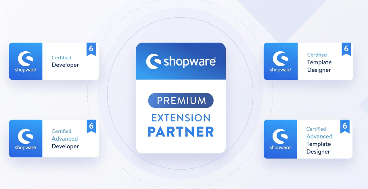 Shopware Premium Extension Partner sowie die Zertifikate Certified Developer, Advanced Developer, Certified Template Designer und Advanced Template Designer