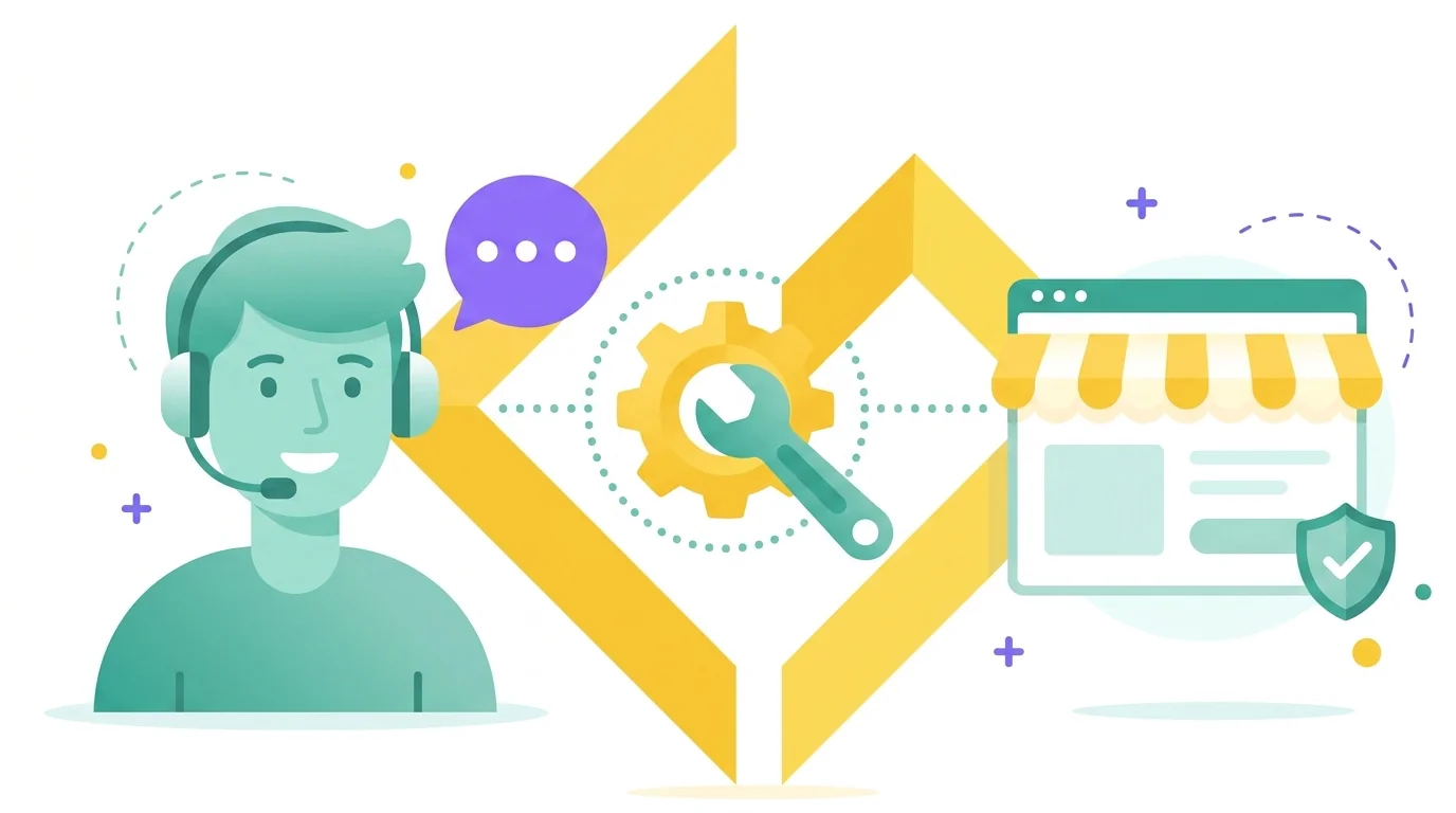 Illustration: Support-Mitarbeiter mit Headset vor dem gelben Rautenzeichen der codegiganten